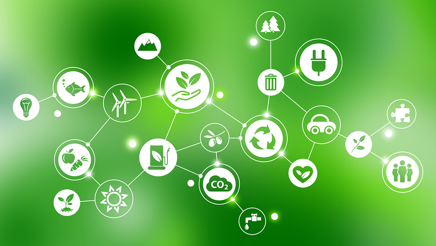 Illustration avec des pictogrammes symbolisant les différents volets du développement durable