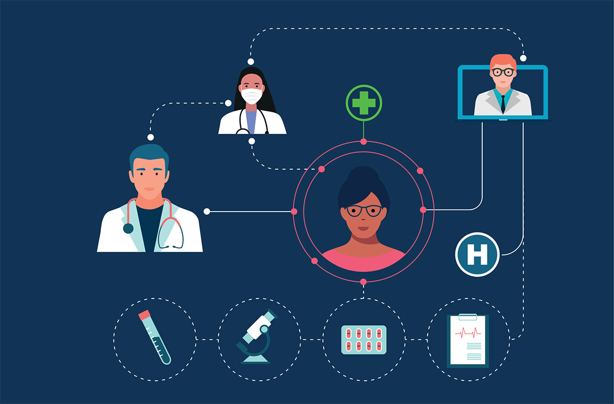 Schéma qui symbolise l'identité nationale de santé et son utilisation par les différents professionnels de santé