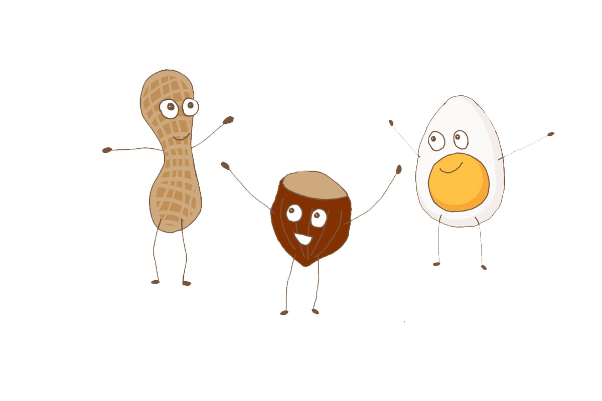 Dessin des personnages du programme : une cacahuète, une noisette et un oeuf