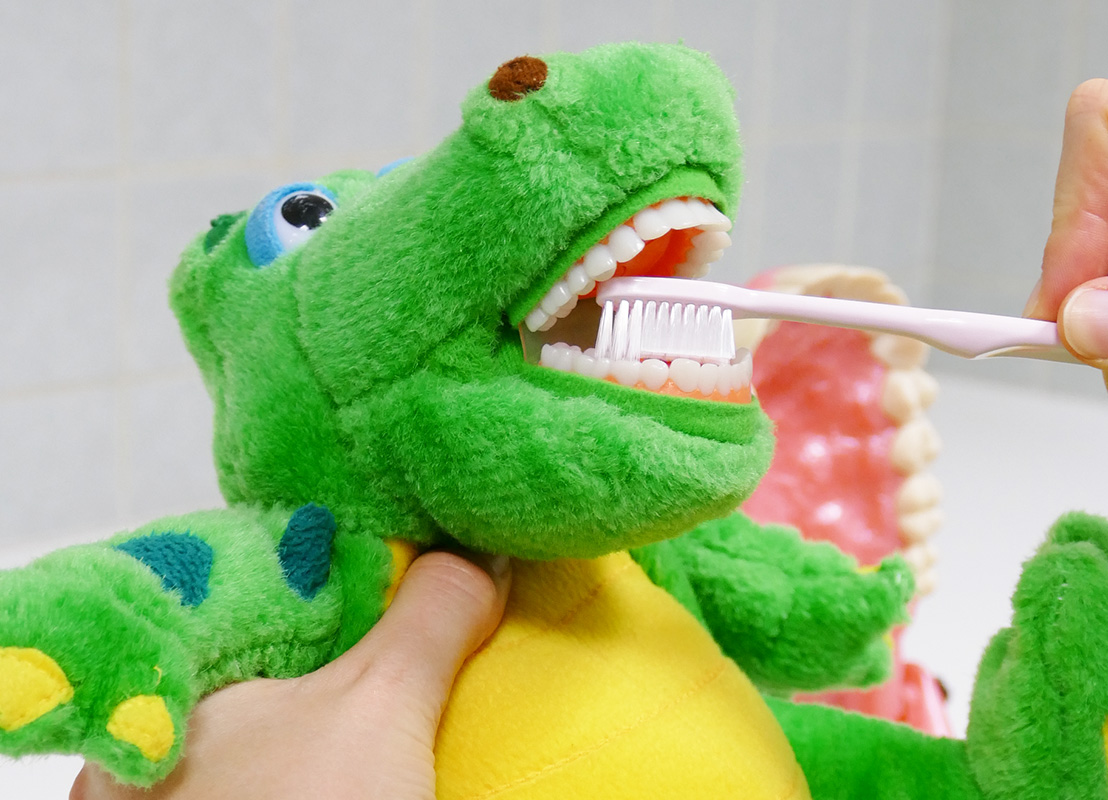 peluche crocodile pour démonstration du brossage de dents