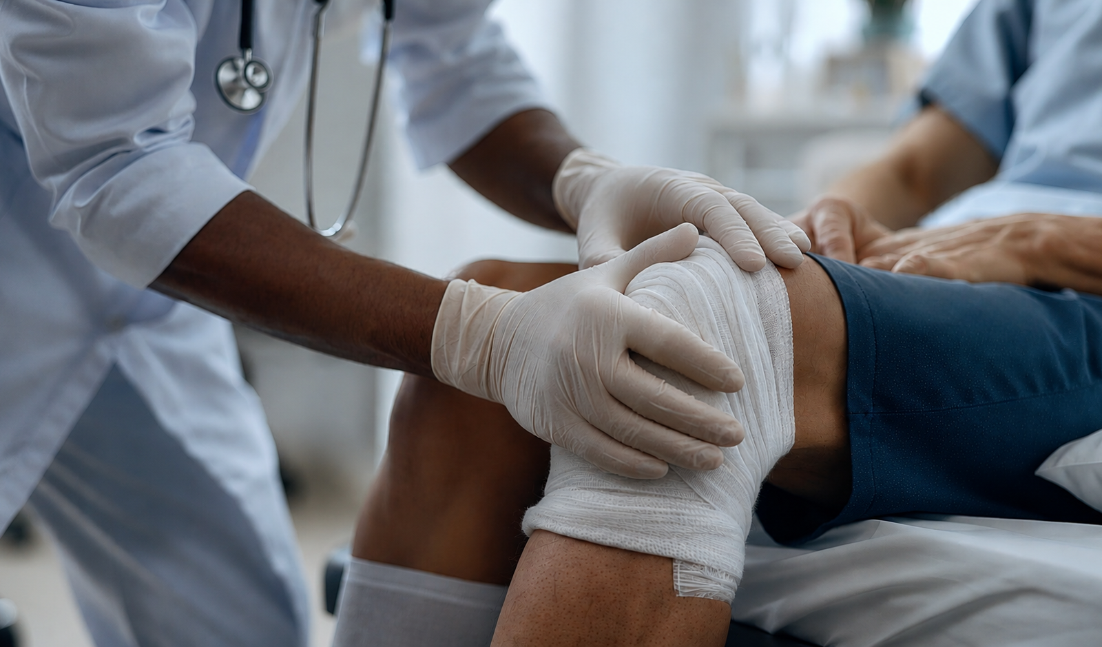 Médecine réalisant un bandage