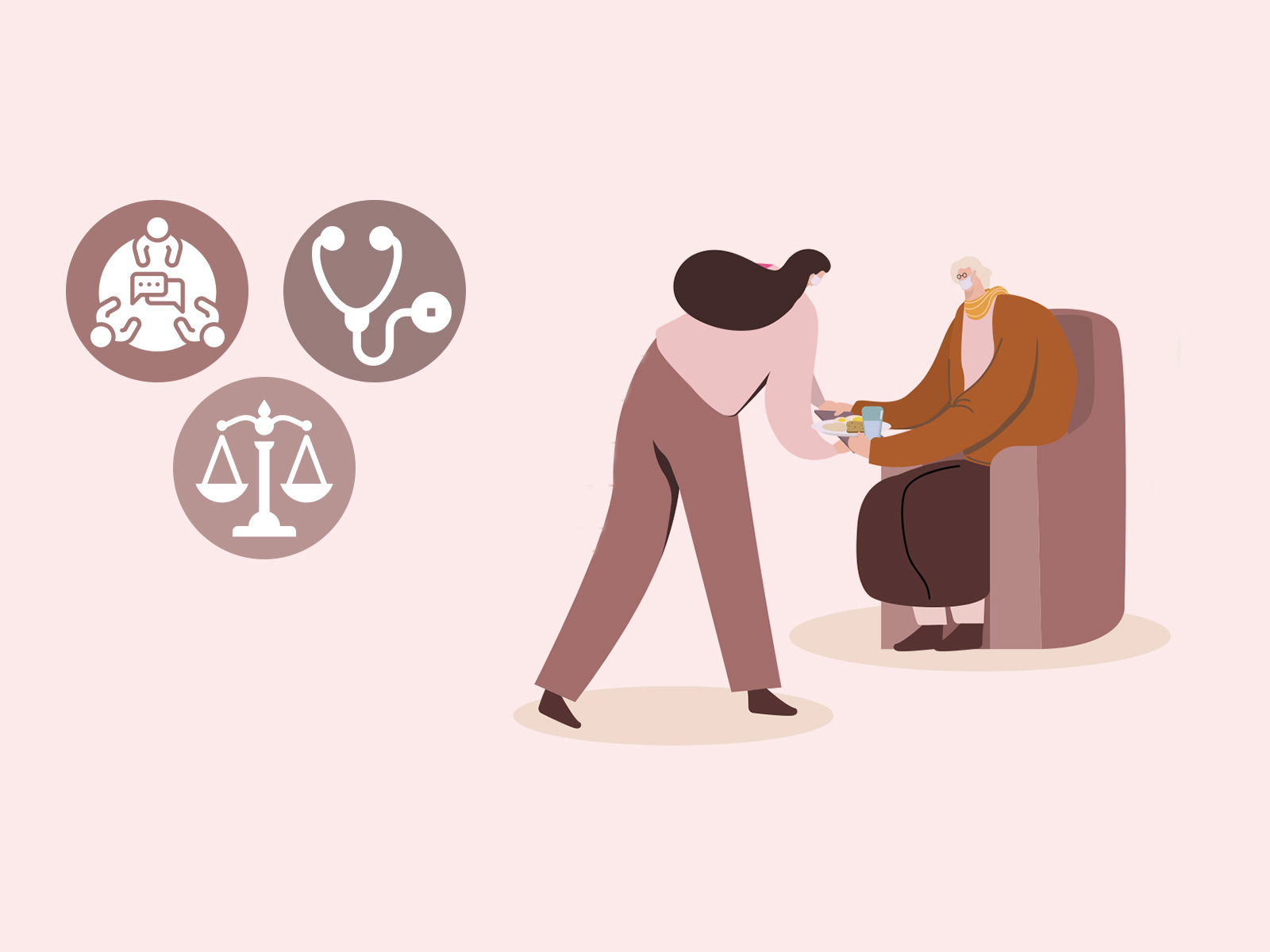 illustration d'une personne servant un plateau repas à une personne âgée. Sur la gauche, des pictos pour illustrer les aspects médicaux légaux